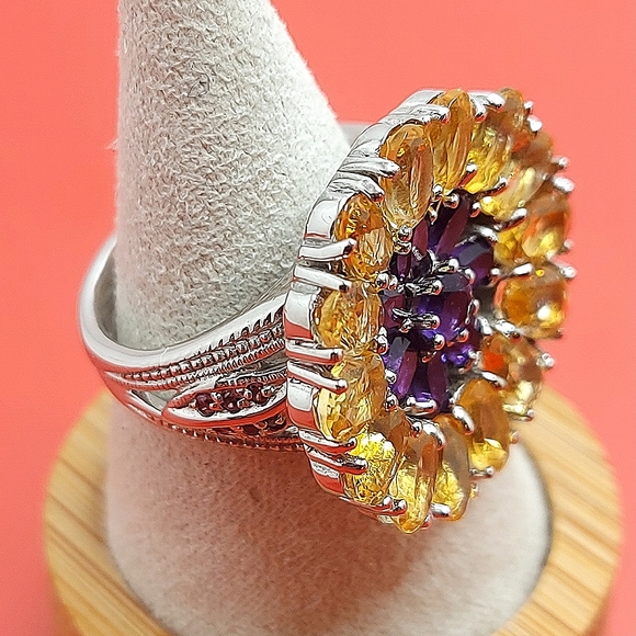 Natural Citrine, Amethyst, Rhodolite Garnet 925 Sterling Silver Ring Size 7.75 - Picture 4 of 12